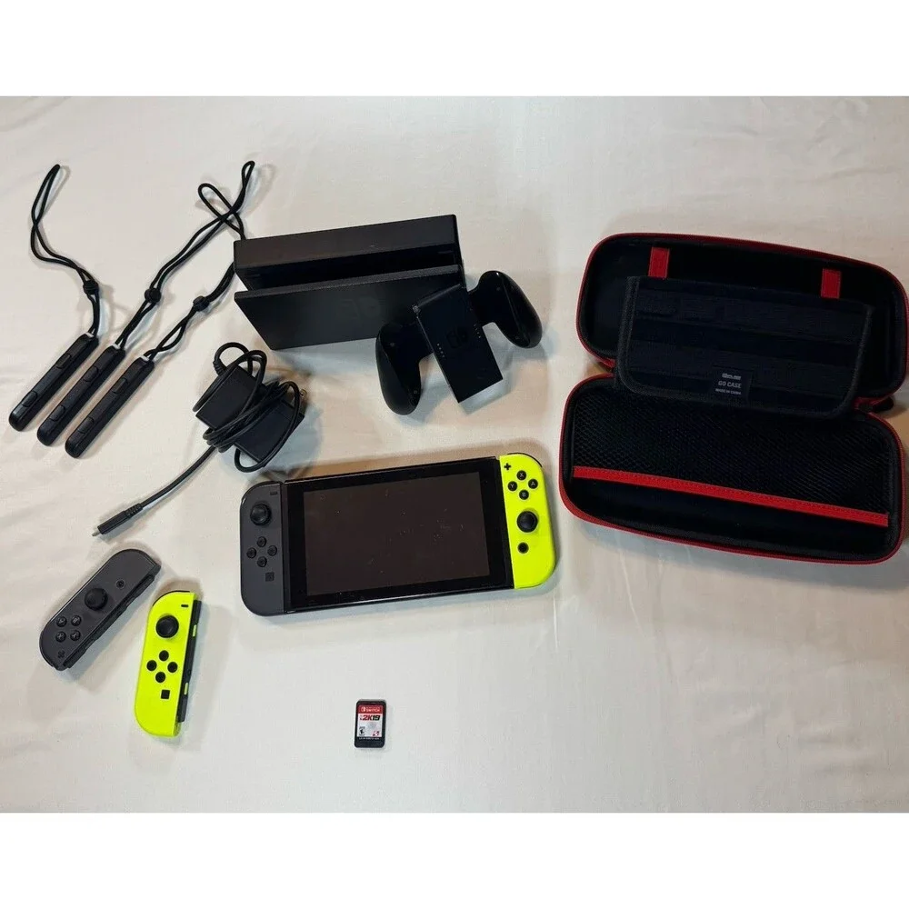 Nintendo Switch Console V1 Unpatched XAW1007 Neon Joy Cons Dock Charger Bundle